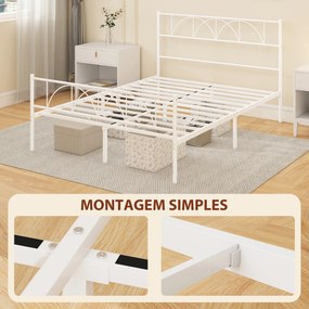 Cama de Casal com Cabeceira de Ripas de Aço (COLCHÃO NÃO INCLUIDO)  e Espaço de Arrumação Debaixo da Cama Carga 330 kg 141,5x198x98 cm Branca