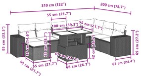 9 pcs conjunto de sofás p/ jardim c/ almofadões vime PE preto