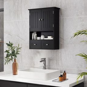 Armário de Parede para Casa de Banho com 2 Portas Prateleira Aberta e 2 Gavetas Estilo Moderno 50,8x17,8x66 cm Preto