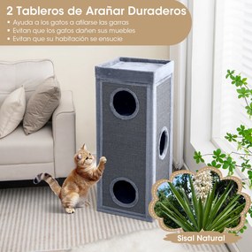 Torre para Gatos de Três Níveis, 40 x 40 x 99 cm, Painéis de Sisal Natural, Cinzento-claro