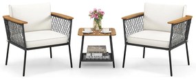 Conjunto de móveis de jardim de 3 peças 2 cadeiras de rattan com mesa de café Tampo de mesa em madeira de acácia Almofadas para exterior Jardim branco