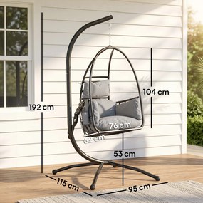 Cadeira Suspensa Tipo Ovo com Suporte Cesto Dobrável Apoio de Cabeça Almofada Bolso Lateral Capacidade 120 kg Cinzento Escuro