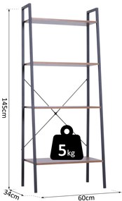 Prateleira de estante de escada industrial com 4 prateleiras escalonado 60x35x145cm aço e madeira