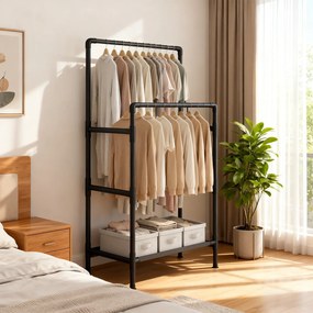 Guarda roupa, cabide aberto em metal 83 x 45 x 157 cm, com prateleira e duas varas, cabideiro para o hall de entrada preto