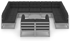 12 pcs conj. lounge de jardim + almofadões pinho maciço cinza