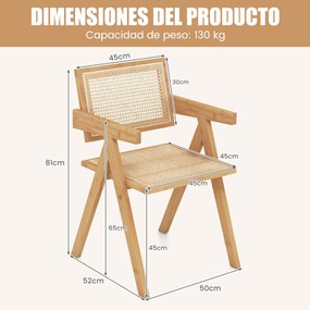Conjunto de 4 cadeiras de jantar em rattan com estrutura de bambu, costas em imitação de cana e apoios de braços para cozinha 50 x 52 x 81 cm Natural