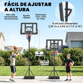 Tabela de Basquetebol para Exterior com Rodas, Altura Ajustável (2,35-3,05 m), Base Preenchível e Bolsa de Peso, Cor Preto