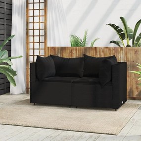 vidaXL Sofás de canto p/ jardim c/ almofadões 2 pcs vime PE preto