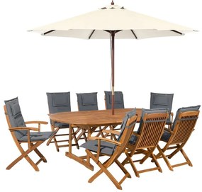 Conjunto de jardim com mesa 8 e cadeiras com almofadas grafite mais guarda-sol creme MAUI Beliani