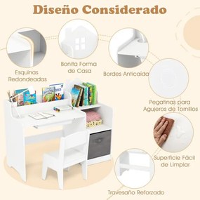 Conjunto de secretaria e cadeira de estudo para crianças com prateleiras abertas Gaveta e cesto de tecido branca