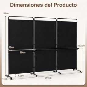 Biombo Dobrável de 3 Painéis, 259 x 44 x 188 cm, Com Rodas Bloqueáveis, Preto