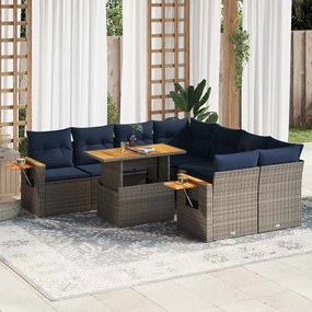 9 pcs conjunto sofás p/ jardim com almofadões vime PE cinzento