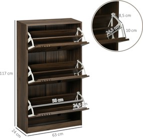 Sapateira com 3 portas, capacidade para 18 pares, ideal para a entrada, corredor ou sala de estar, 63 x 24 x 117 cm, cor nogueira escura
