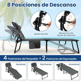 Espreguiçadeira dobrável para exterior, reclinável, com orifícios, apoio para o rosto, braços e encosto ajustável, bolsos, portátil, para praia e pisc