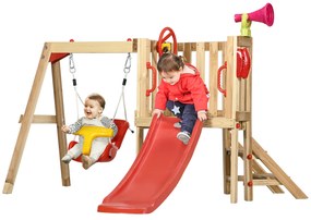 Outsunny Conjunto de Escorrega e Baloiço para Crianças de 18-48 Meses Parque Infantil de Madeira 170x200x118 cm Vermelho e Natural