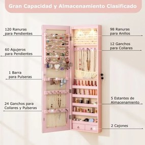 Armário de joias em madeira com espelho de parede e LED interno Organizador de porta ou parede com chave 35,5 x 10 x 120 cm Rosa