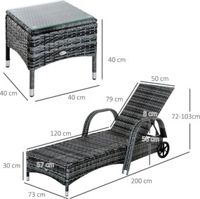 Espreguiçadeiras x2 com Mesa de Vime Chaise Longue para Jardim Pátio C