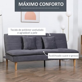 HOMCOM Sofá Cama de 3 Lugares Estofado em Flanela com Encosto Ajustável em 2 Posições 2 Almofadas e Pés de Madeira Sofá Moderno para Sala de Estar Escritório 181x92x84cm Cinza