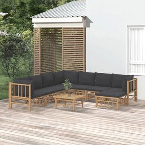 9pcs conj. lounge de jardim bambu c/ almofadões cinzento-escuro
