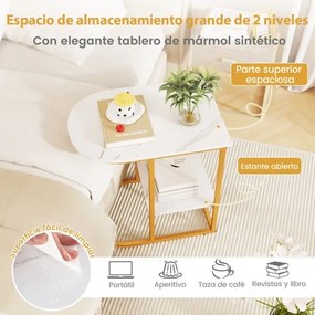 Mesa lateral moderna 60 x 40 x 60 cm em forma de C com tampo em mármore artificial e prateleira Branco + Dourado