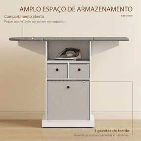 Móvel para Engomar Roupa com Rodas Tábua de Engomar Dobrável com 3 Gavetas Compartimento Aberto 121x37x89,5 cm Branco