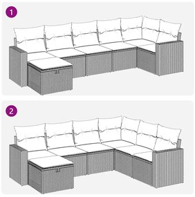 7 pcs conjunto de sofás jardim c/ almofadões vime PE castanho
