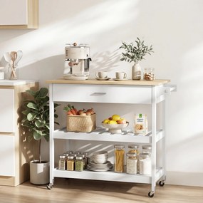 Carro de cozinha com rodas 108,8 x 51 x 92,5 cm, ilha central de cozinha com bancada, gaveta, prateleiras, toalheiro, branco