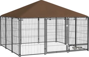 PawHut Parque para Cães com Toldo Canil para Exterior com Suporte Giratório para Comida 2 Tigelas 211x211x151 cm Preto Marrom | Aosom Portugal