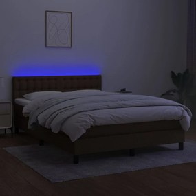 Cama box spring c/ colchão/LED 140x200cm tecido castanho-escuro