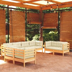 vidaXL 8 pcs conjunto lounge jardim c/ almofadões creme pinho maciço