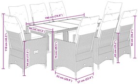 9 pcs conjunto de jantar p/ jardim c/ almofadões vime PE preto