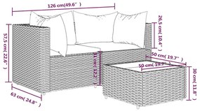 3 pcs conjunto lounge de jardim c/ almofadões vime PE cinzento