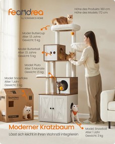 Arranhador para gatos 2 em 1 com armário para caixa de areia, 180 cm de altura, castanho mel e branco vintage