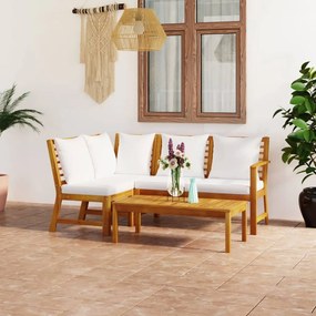4 pcs conj. lounge jardim c/ almofadões cor creme acácia maciça