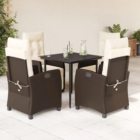 vidaXL 5 pcs conjunto jantar p/ jardim c/ almofadões vime PE castanho