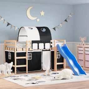 vidaXL Cama alta criança c/ túnel 90x190 cm pinho maciço branco/preto