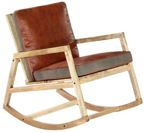 Cadeira de baloiço couro genuíno e mangueira maciça castanho