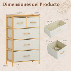 Comoda com 5 gavetas 58 x 30 x 94 cm para quarto em bambu com 5 gavetas dobráveis em tecido e prateleira superior natural