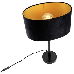 Candeeiro de Mesa Preto com Abajur de Veludo Oval Preto 35cm - Simplo Moderno,Clássico / Antigo