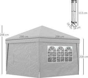 Tenda de jardim dobrável 3 x 3 x 2,75 m com proteção UV 30+ com janelas + paredes laterais + saco de transporte cinzento
