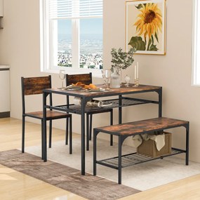 Conjunto de mesa de 2 cadeiras e um banco de jantar com estrutura em metal e prateleira moderna, para sala de jantar e cozinha castanho