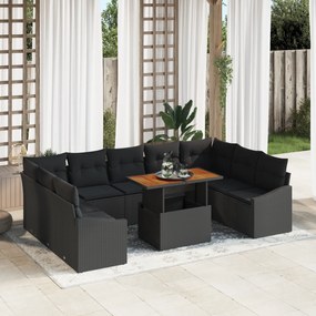 Conjunto Sofá de Jardim de 10 Peças com Almofadas Preto Rattan Poliést