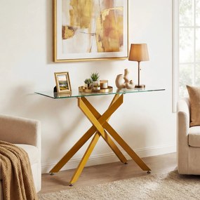 Mesa Consola 115 x 45 x 78 cm com Tampo Temperado e Pernas de Metal para Sala, hall Entrada Dourada