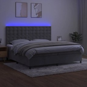 Cama box spring c/ colchão/LED 200x200 cm veludo cinzento-claro