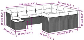 11 pcs conjunto sofás de jardim c/ almofadões vime PE cinzento