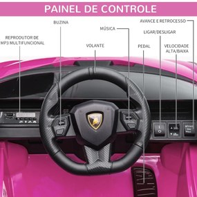 Carro Elétrico Lamborghini SIAN 12V para Crianças acima de 3 Anos com Controle Remoto Abertura da Porta Música MP3 USB e Faróis 108x62x40cm Rosa