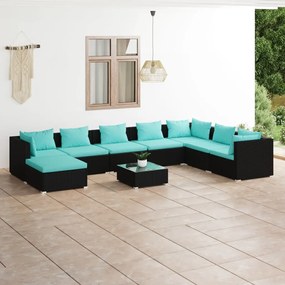 9 pcs conjunto lounge de jardim c/ almofadões vime PE preto