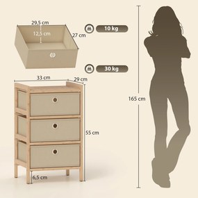 Cómoda de Bambu com 3 Gavetas de Tecido, Compacta para Espaços Pequenos, Creme e Madeira