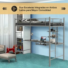 Cama alta com secretária infantil, 2 escadas bilaterais e 2 prateleiras de arrumação estrutura Prata