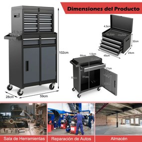 Caixa para ferramentas  (NÃO INCLUIDAS)  com 5 gavetas com rodas bloqueáveis e prateleira ajustável  59 x 28 x 102 cm preto e cinzento
